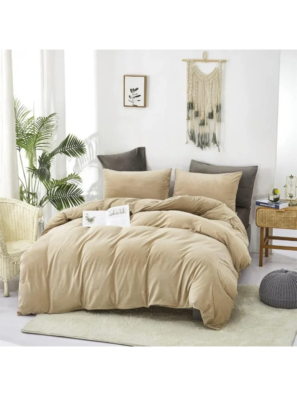 Cozy Cream Velvet King Comforter Set - Heavyweight Flannel Bedding in Beige